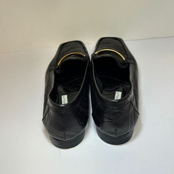 Armando Pollini Design Italian Embossed Leather Penny Loafer Womens Black Gold - Picture 3 of 8